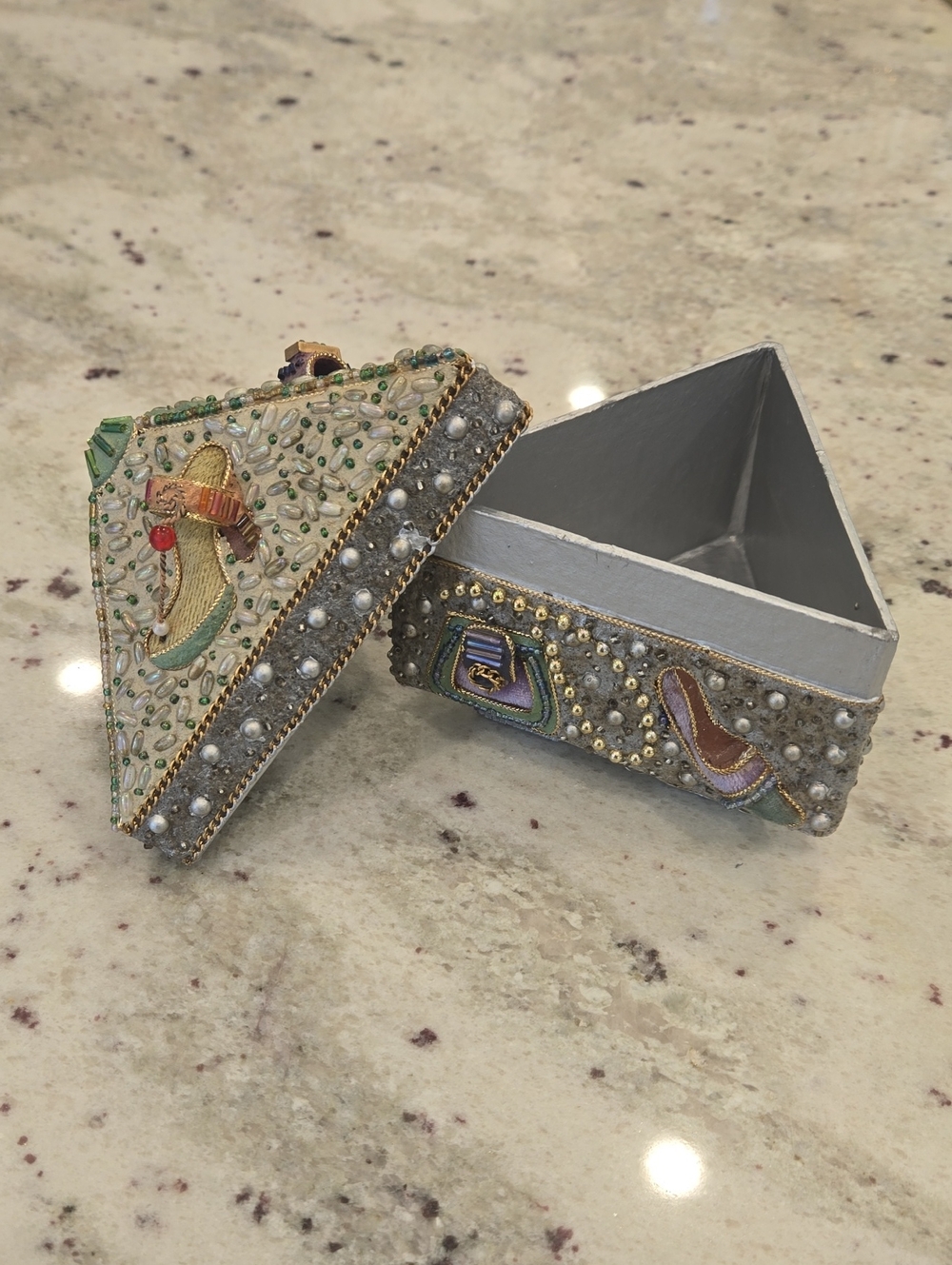 Mary Frances Beaded Triangle Jewelry Box - Cream, Gold, Green, Purple